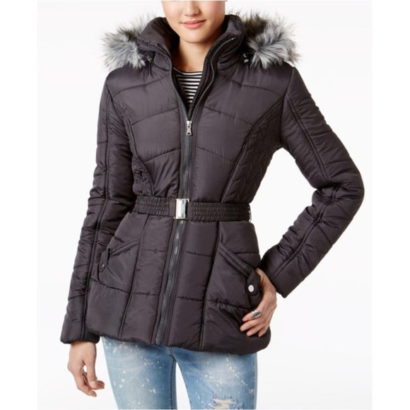 Rampage Jackets & Blazers - Rampage Charcoal Gray Belted Puffer Coat